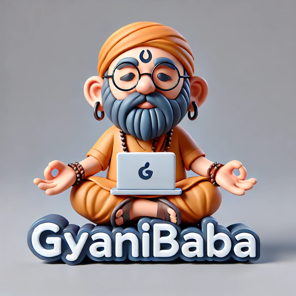 DALL·E 2024-10-01 03.09.48 - A 3D logo concept for 'gyanibaba,' featuring a cartoonish guruji (baba) seated in a meditative posture, with a calm and wise expression. The guruji sh